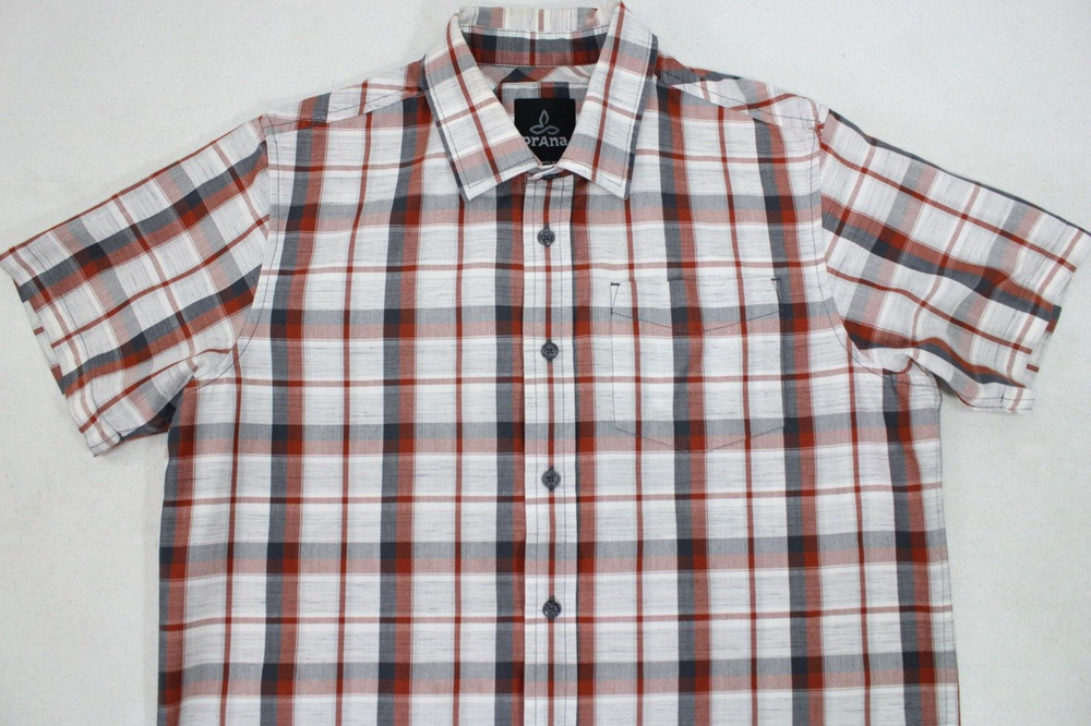 PRANA MEN'S SMALL PLAID COTTON BLEND BUTTON FRONT SHORT SLEEVE HIKING SHIRT
